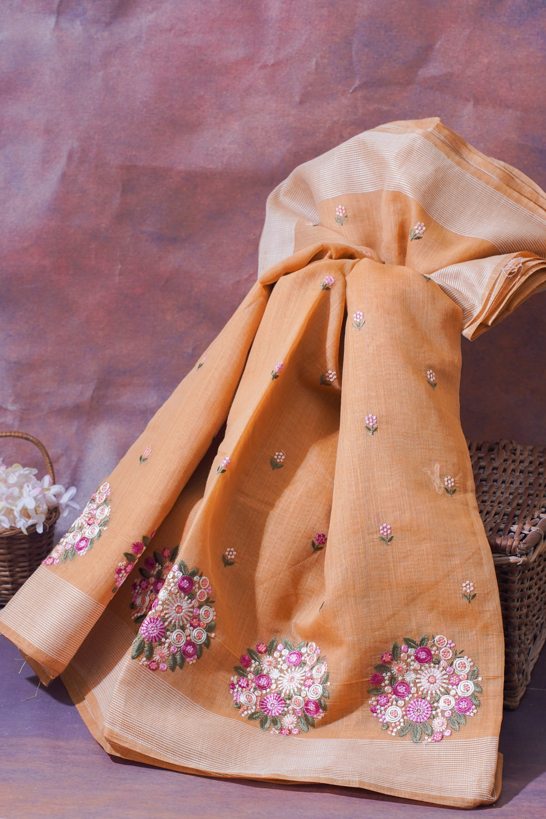 Peach Pure Linen Saree with Multicolor Chikankari Embroidery