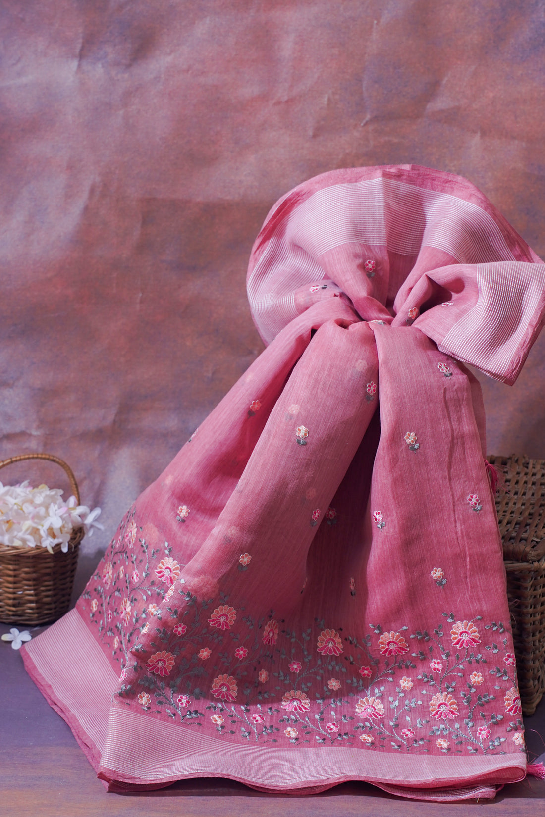 Baby Pink Pure Linen Saree with Grey and Pink Chikankari Embroidery