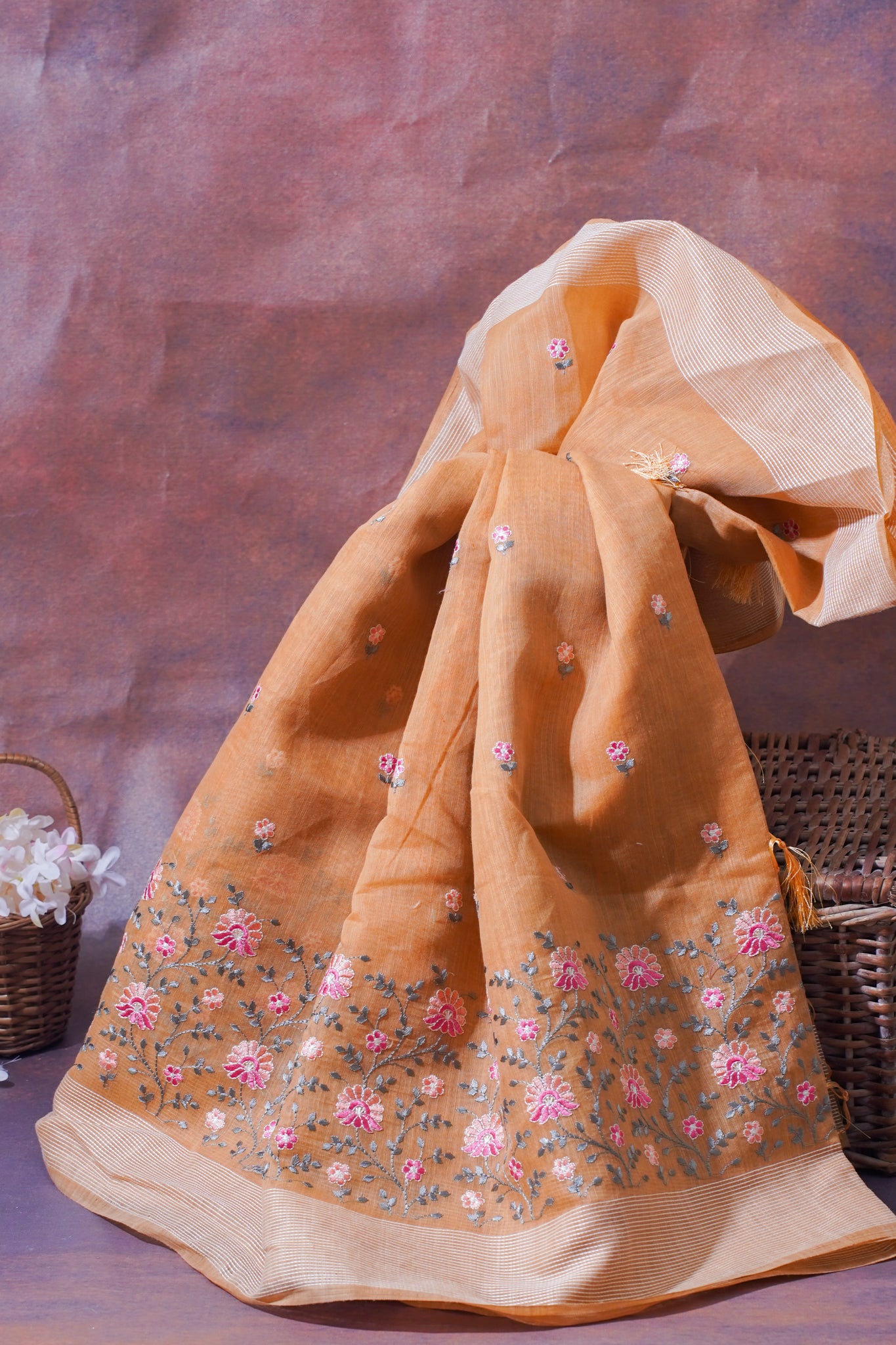 Peach Pure Linen Saree with Grey and Pink Chikankari Embroidery