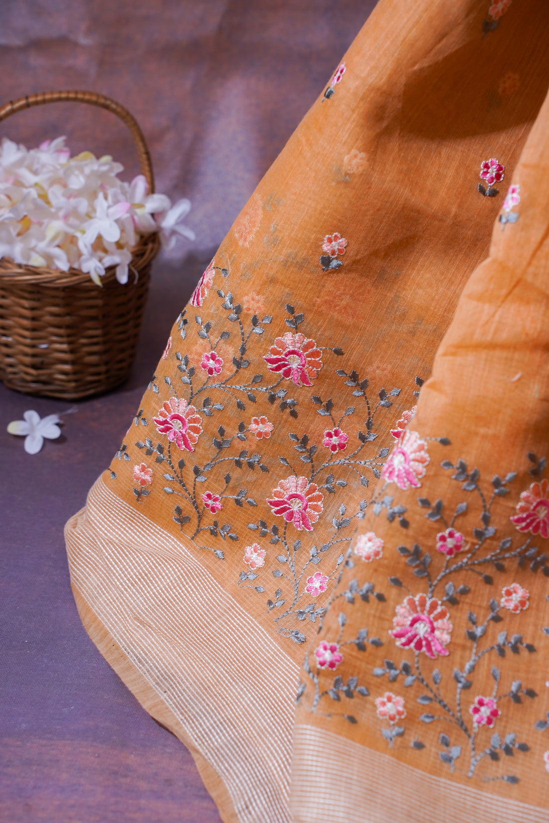 Peach Pure Linen Saree with Grey and Pink Chikankari Embroidery