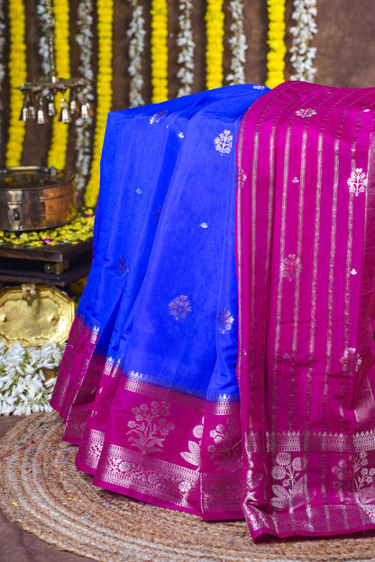 Royal Blue Handloom Banarasi Matka Silk Saree with Magenta Border