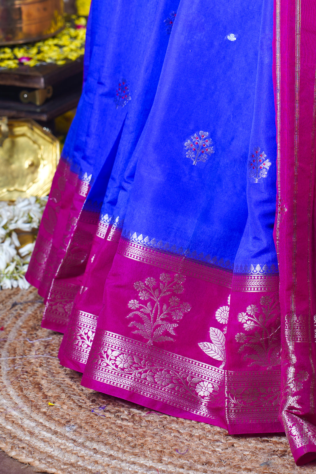 Royal Blue Handloom Banarasi Matka Silk Saree with Magenta Border
