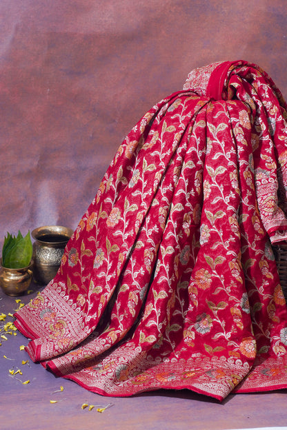 Crimson Red Khaddi Georgette Minakari Jaal Saree