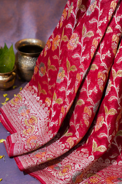 Crimson Red Khaddi Georgette Minakari Jaal Saree