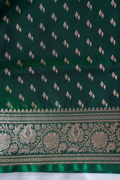 Deep Bottle Green Banarasi Upada Satin Silk Buti Saree