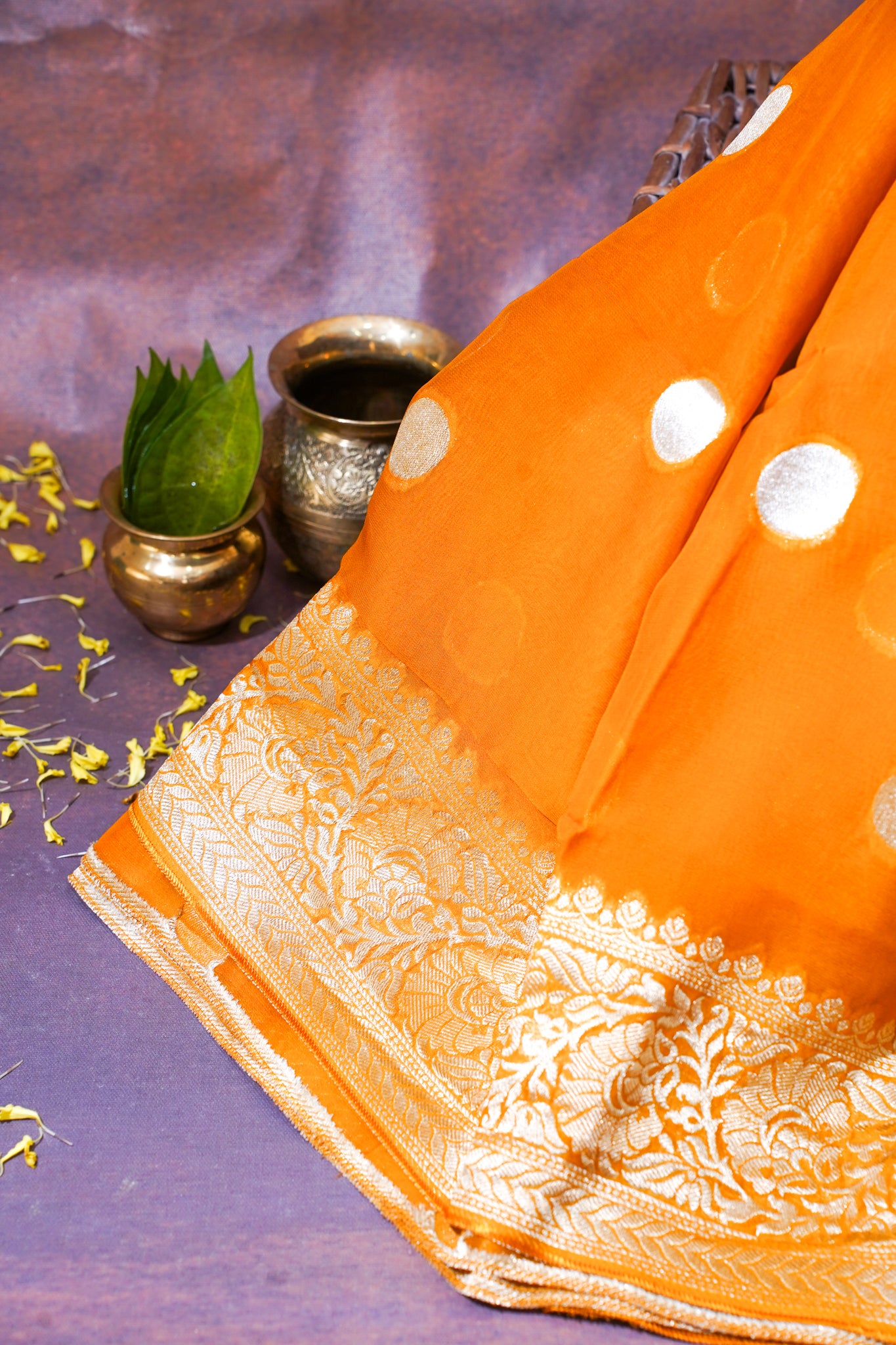 Mustard Yellow Khaddi Georgette Minakari Gola Saree