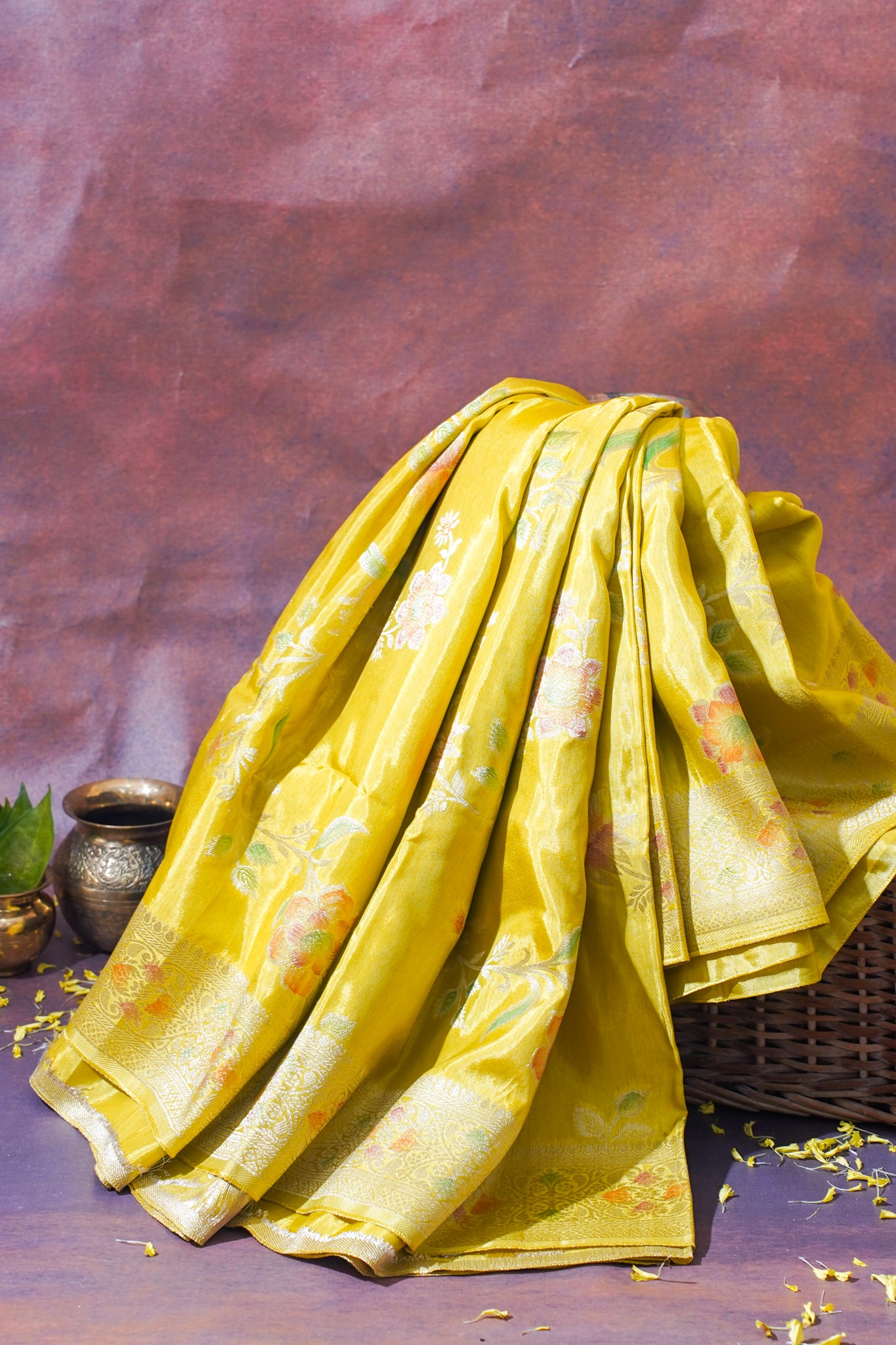 Sunshine Yellow Chinya Silk Minakari Jaal Saree