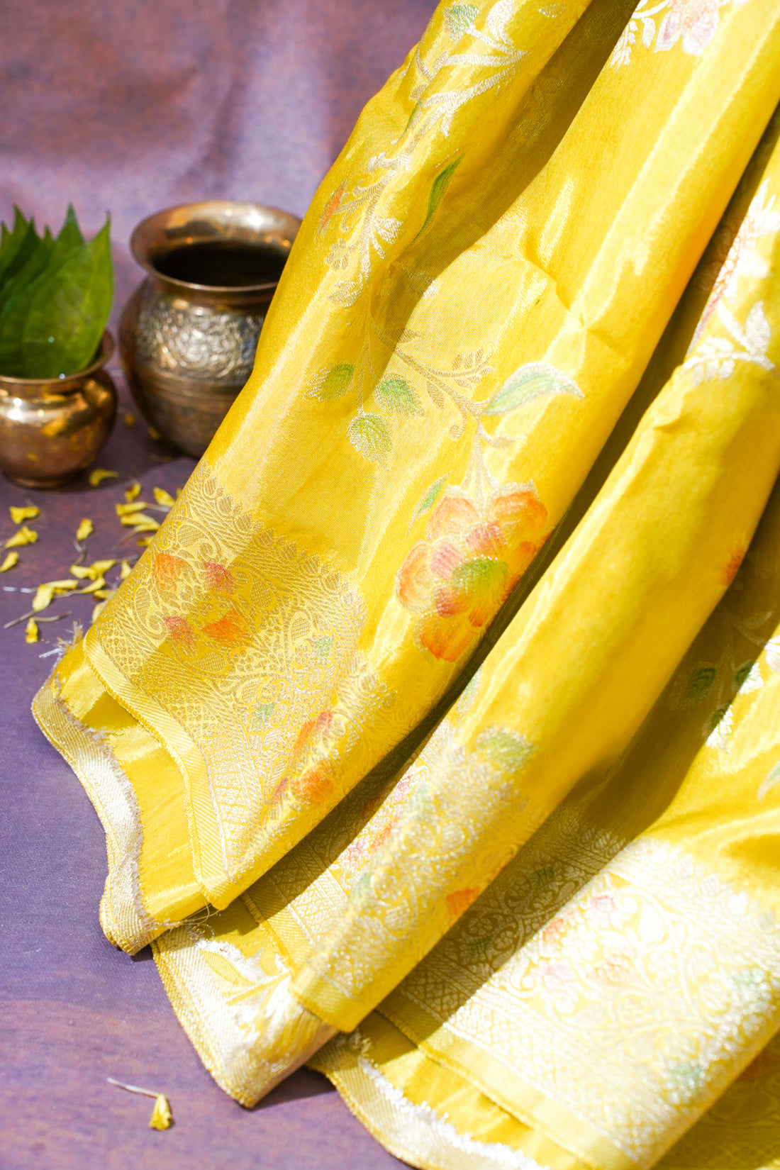 Sunshine Yellow Chinya Silk Minakari Jaal Saree