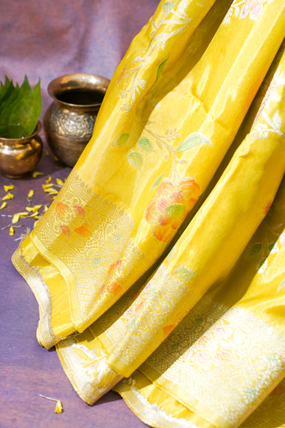 Sunshine Yellow Chinya Silk Minakari Jaal Saree