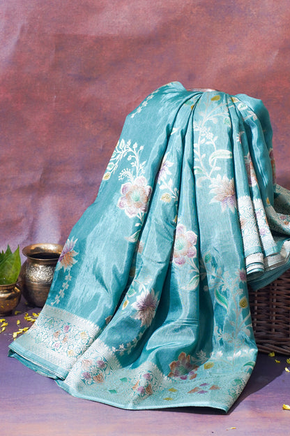 Aqua Blue Chinya Silk Minakari Jaal Saree