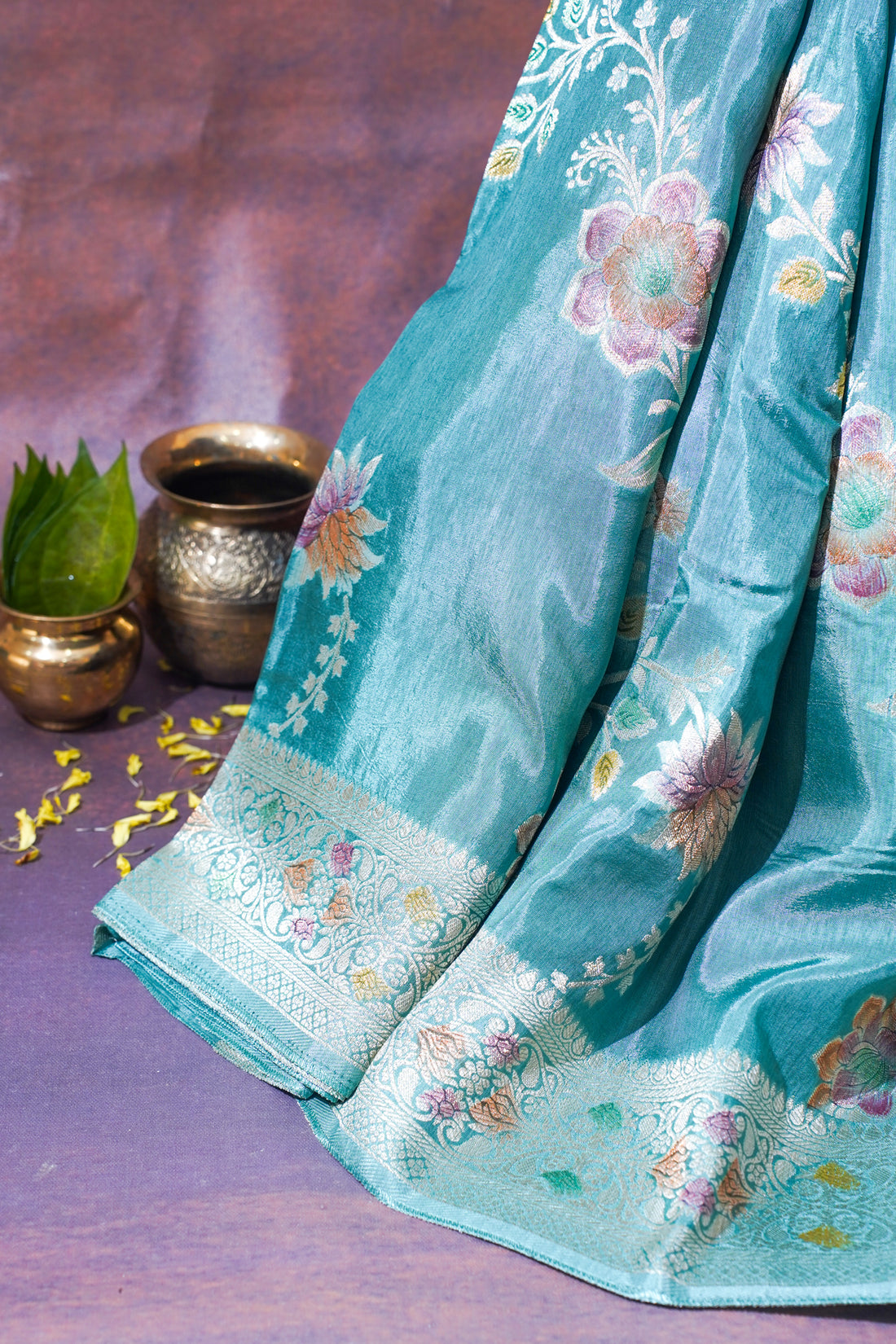 Aqua Blue Chinya Silk Minakari Jaal Saree
