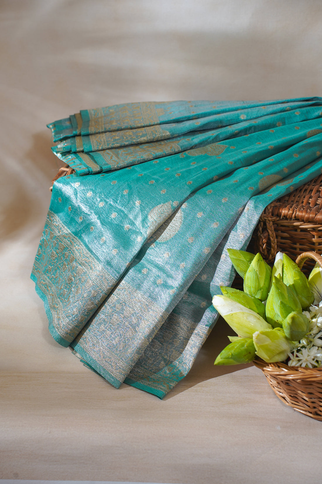 Turquoise Green Tissue Silk Saree