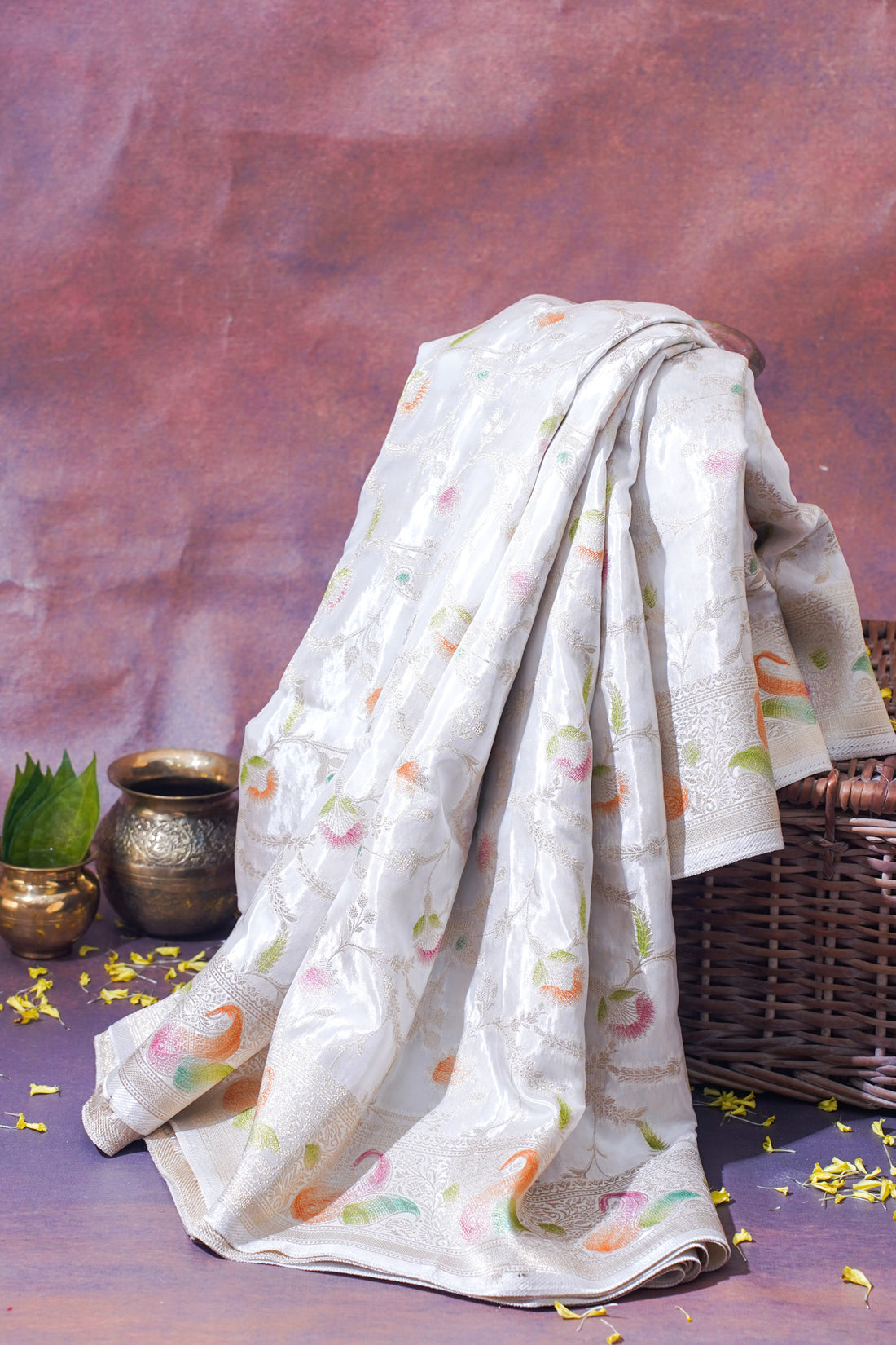 White Chinnon Silk Minakari Jaal Saree