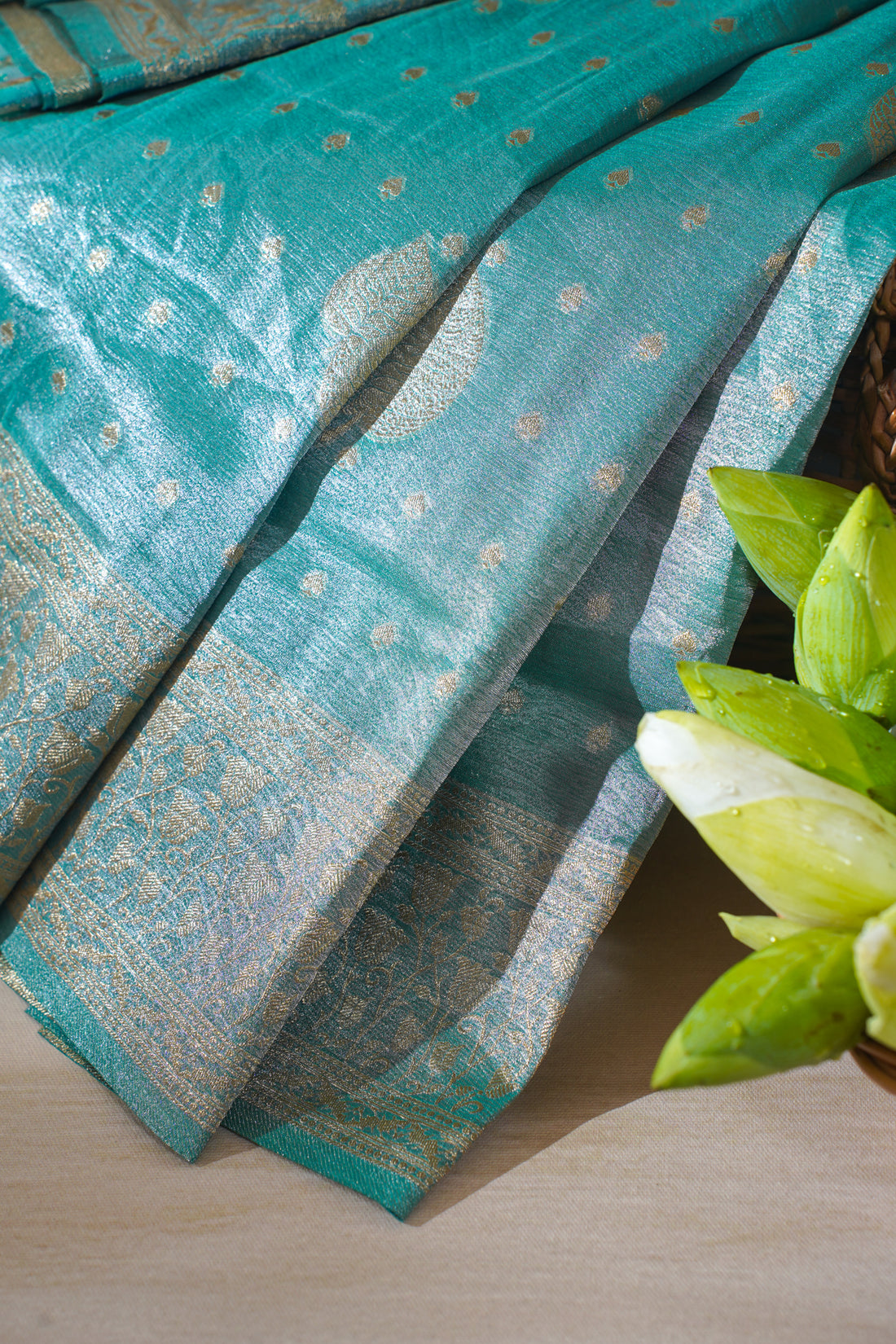 Turquoise Green Tissue Silk Saree