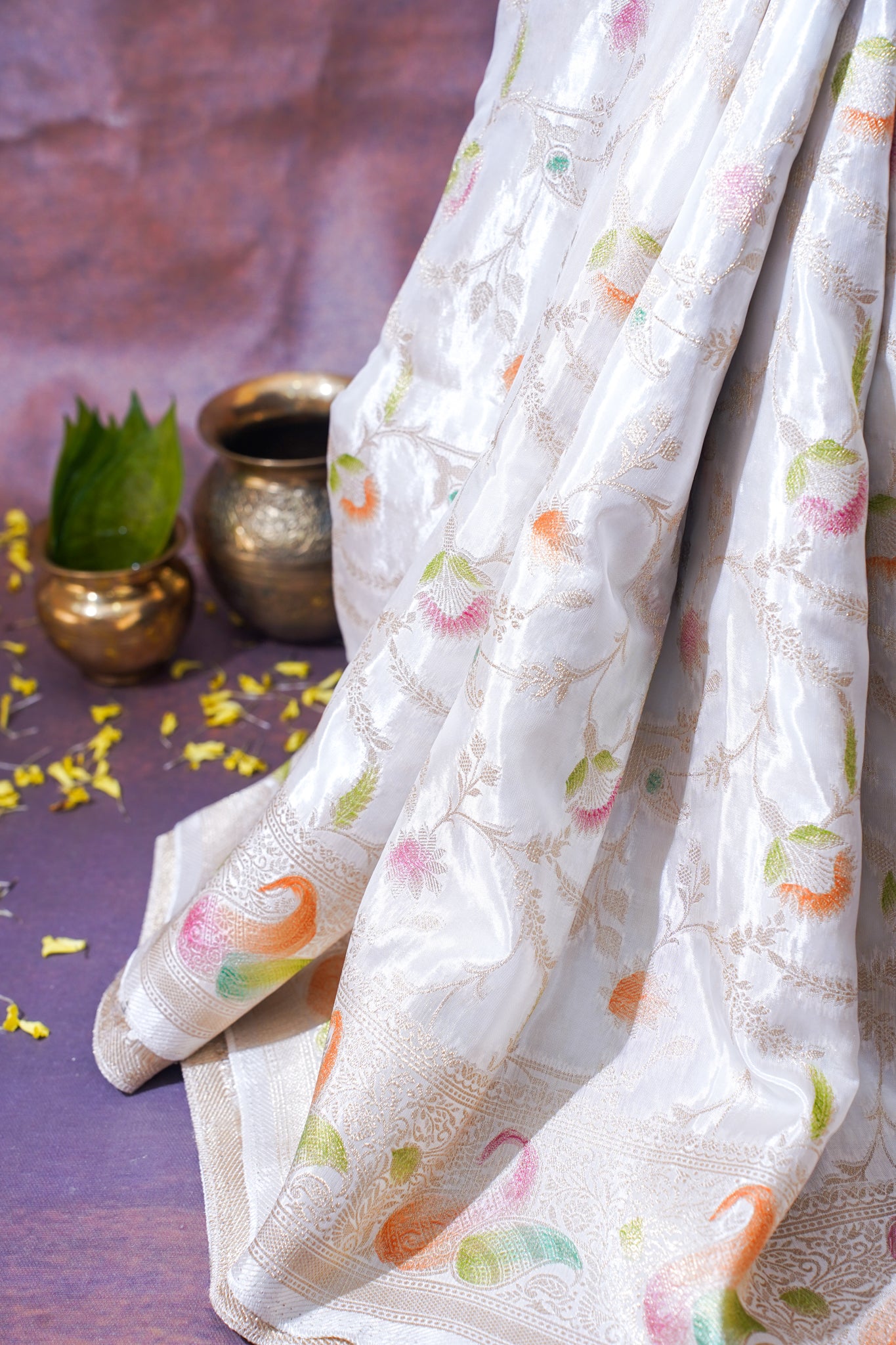 White Chinnon Silk Minakari Jaal Saree