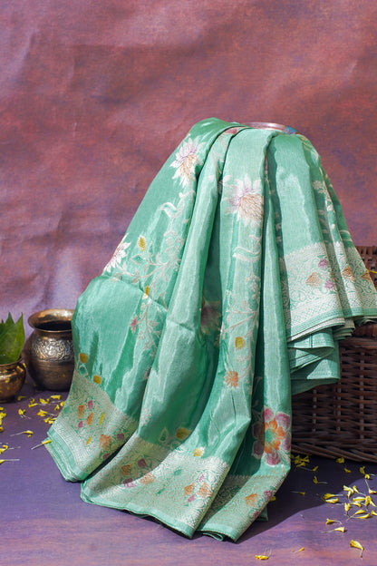 Sea Green Chinnon Silk Minakari Jaal Saree