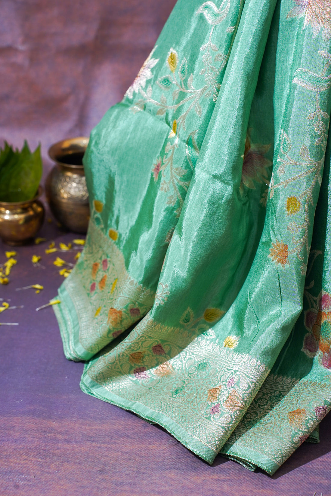 Sea Green Chinnon Silk Minakari Jaal Saree
