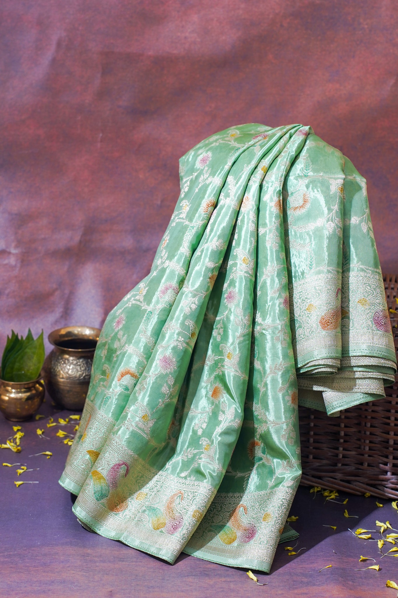 Mint Green Chinnon Silk Minakari Jaal Saree