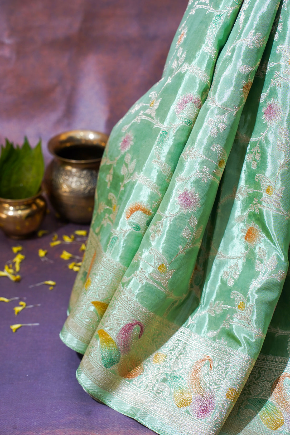 Mint Green Chinnon Silk Minakari Jaal Saree