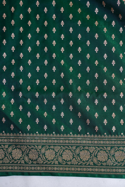 Deep Forest Green Banarasi Upada Satin Silk Buti Saree