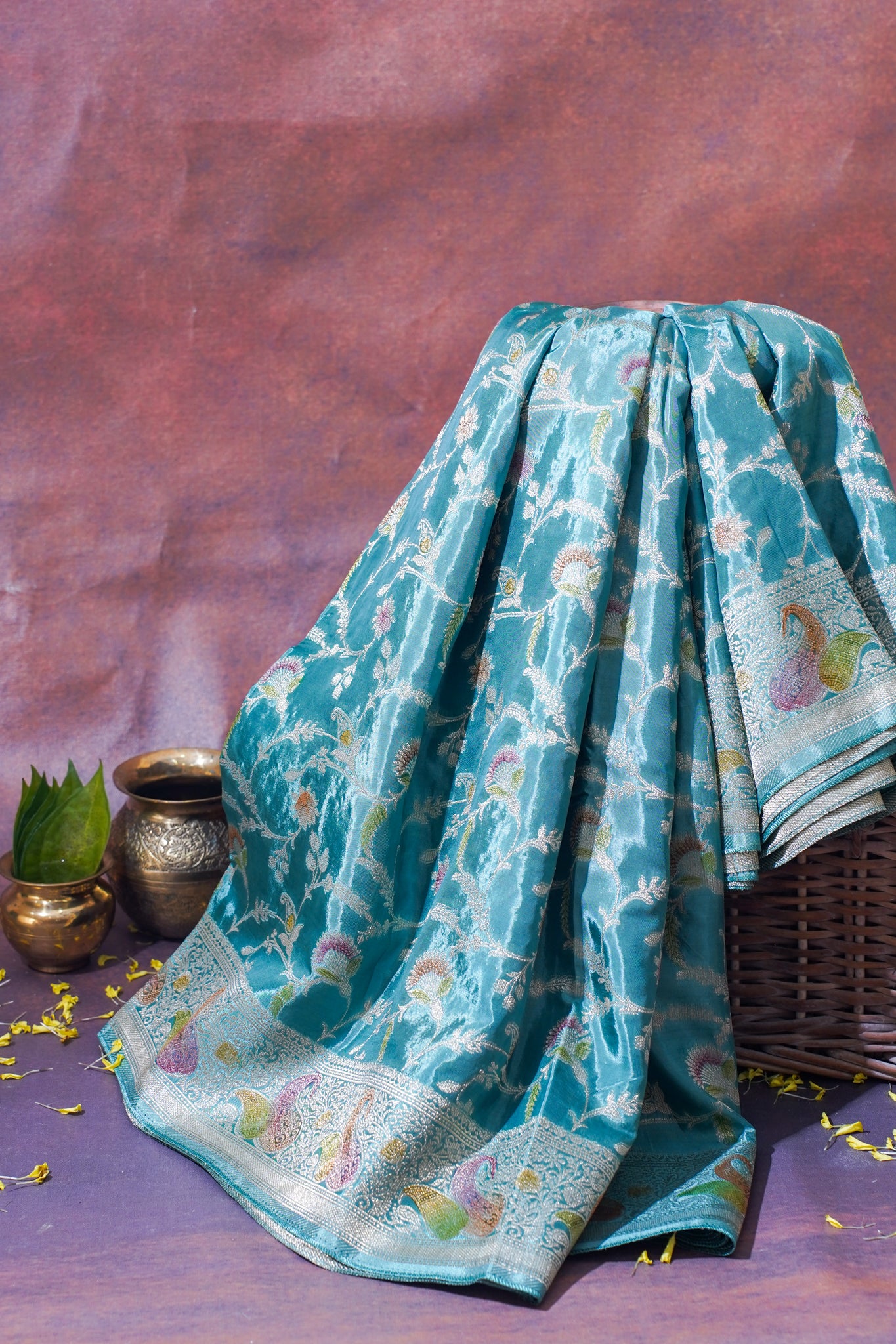 Sky Blue Chinnon Silk Minakari Jaal Saree
