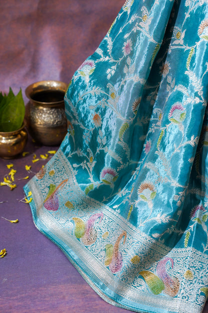 Sky Blue Chinnon Silk Minakari Jaal Saree