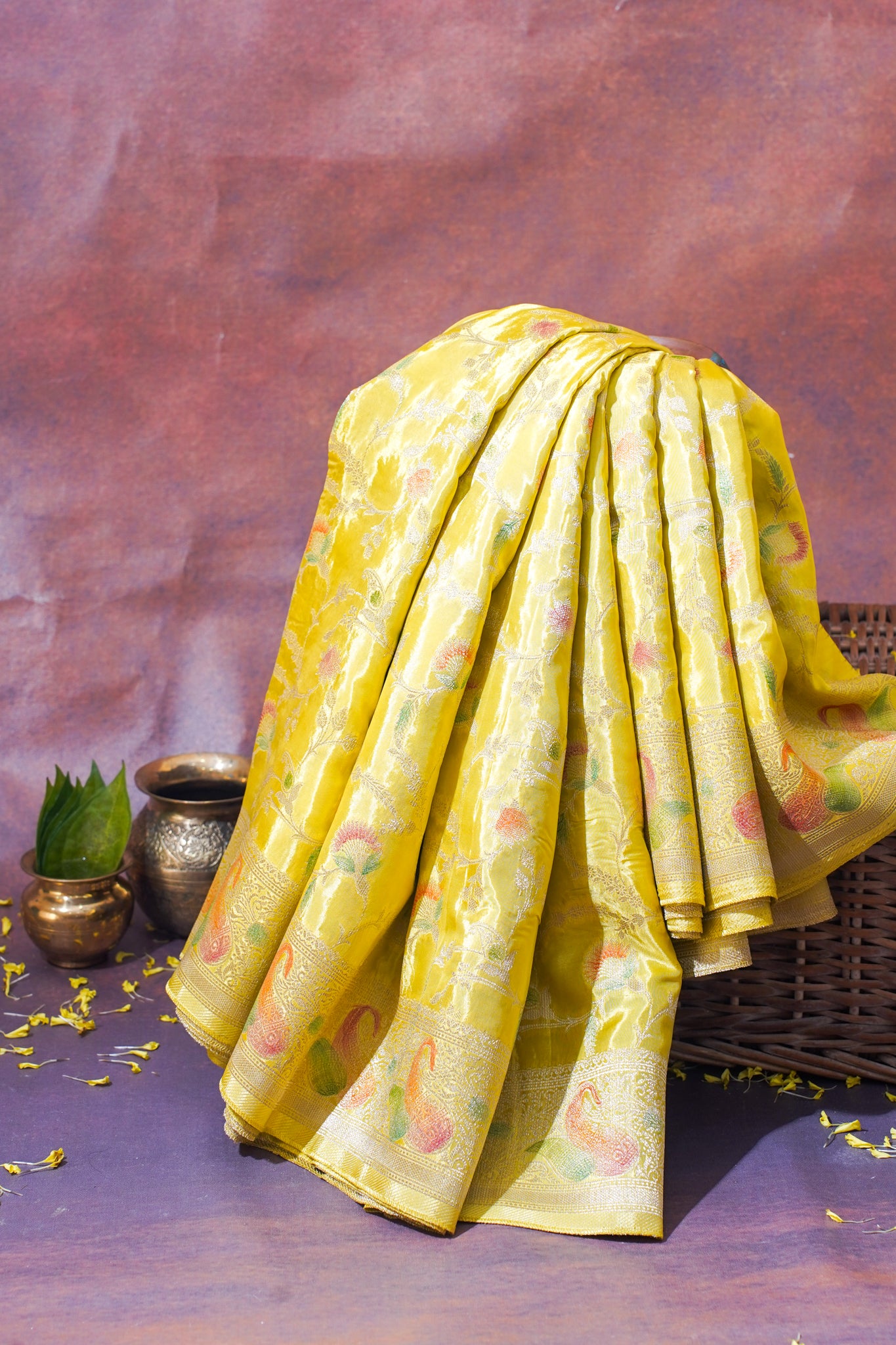 Sunshine Yellow Chinnon Silk Minakari Jaal Saree