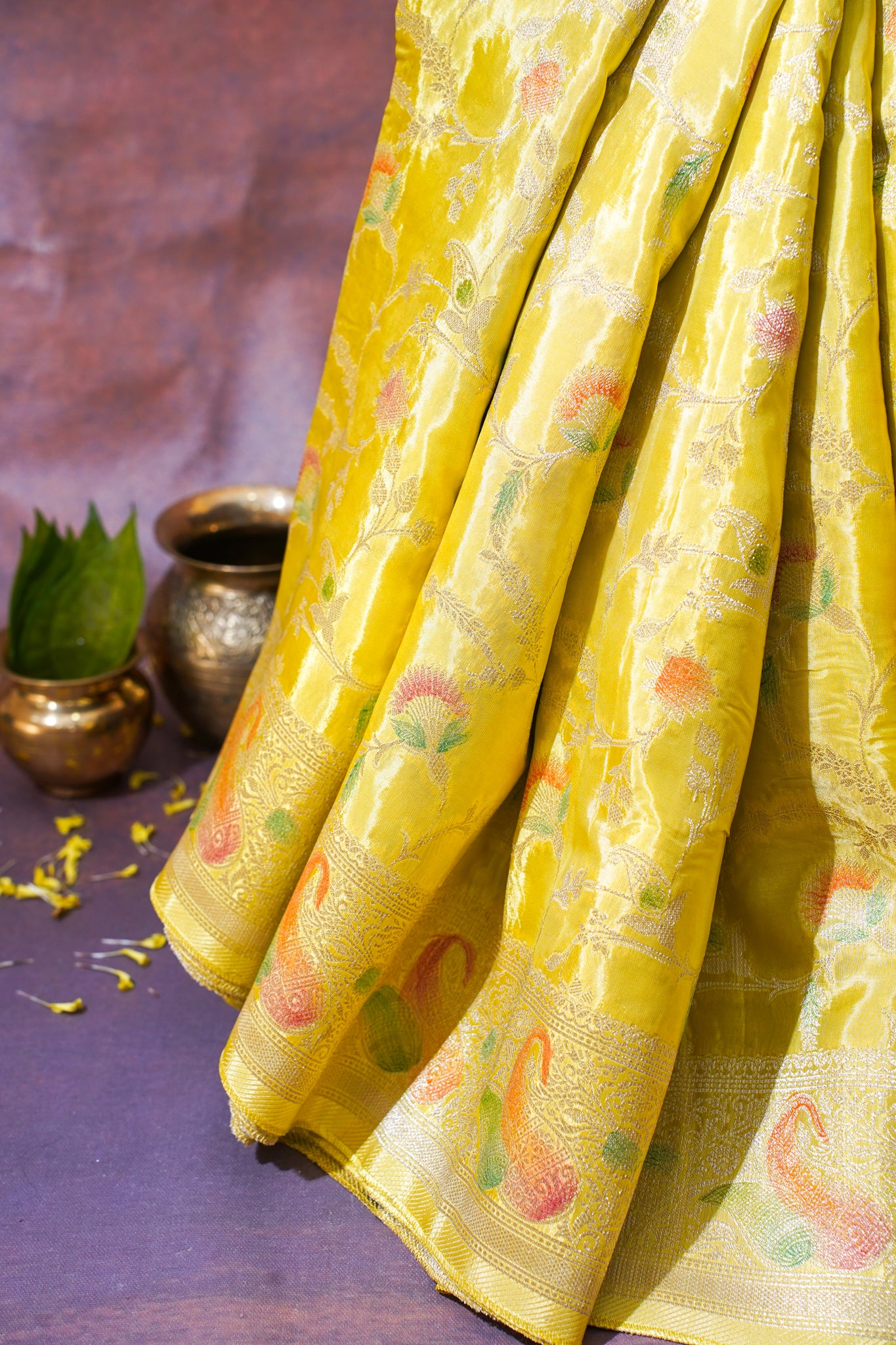 Sunshine Yellow Chinnon Silk Minakari Jaal Saree