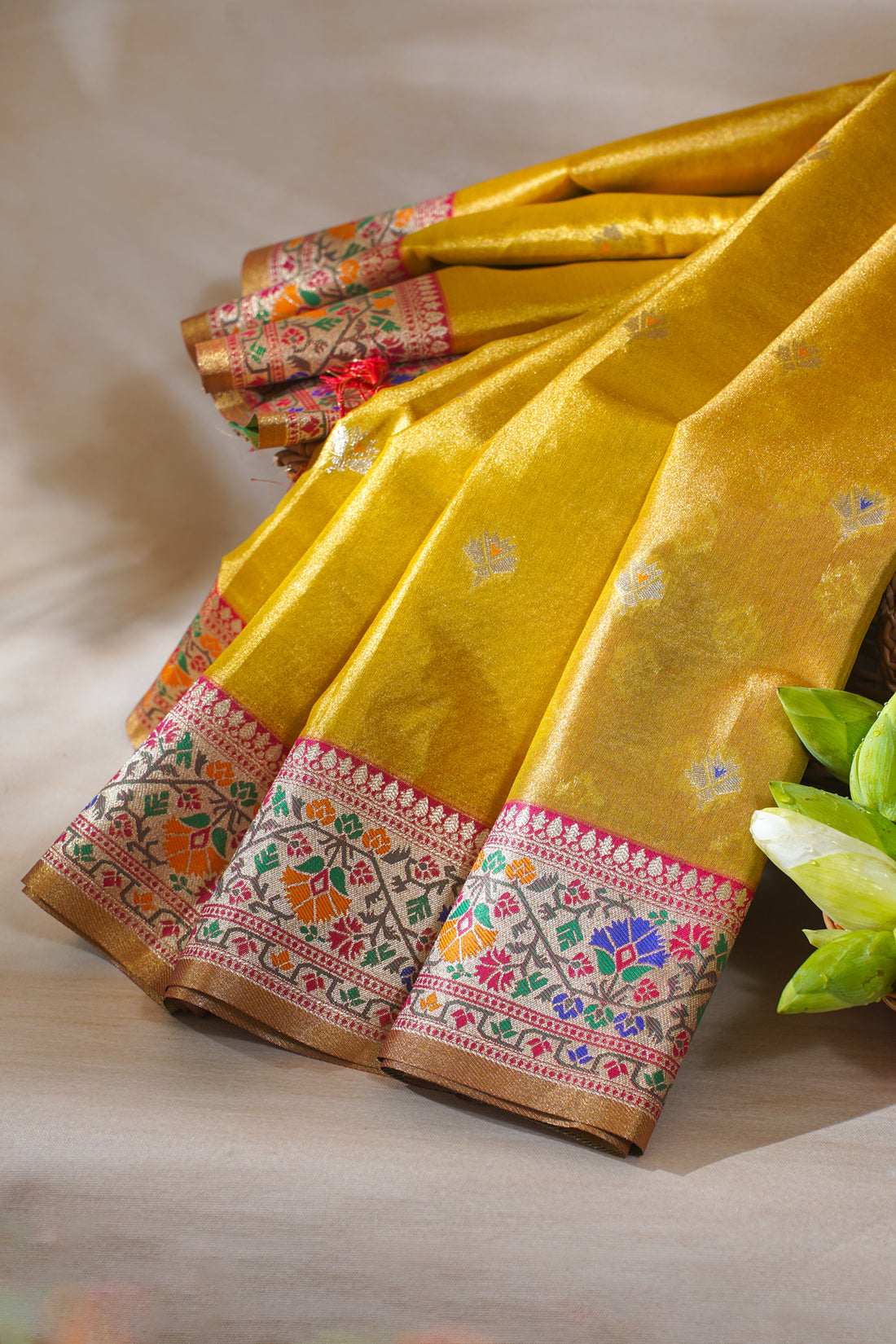 Golden Yellow Paithani Minakari Tissue Silk Saree