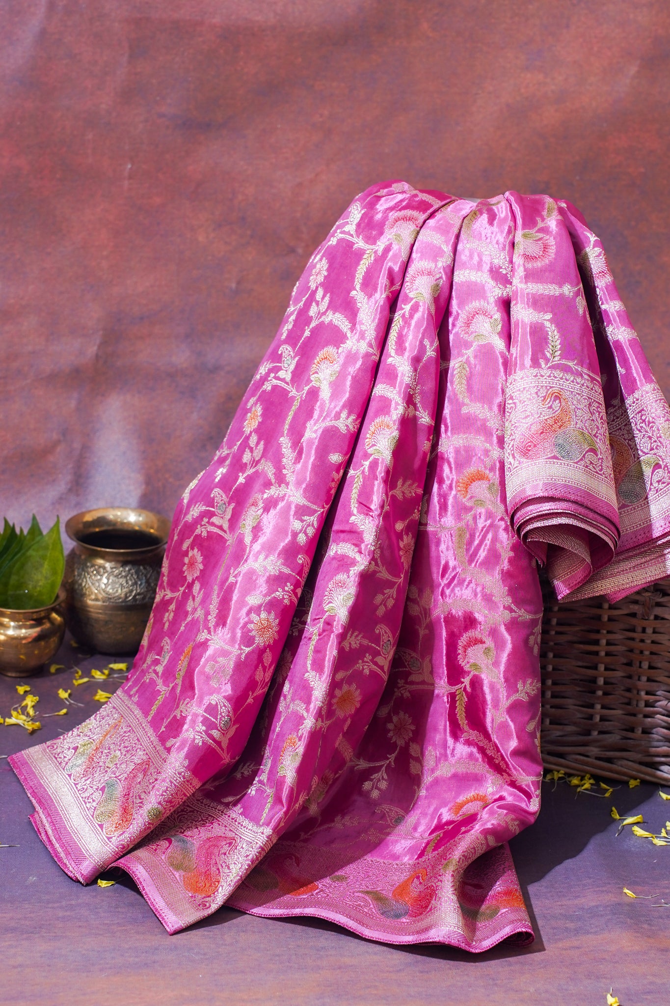Rani Pink Chinnon Silk Minakari Jaal Saree