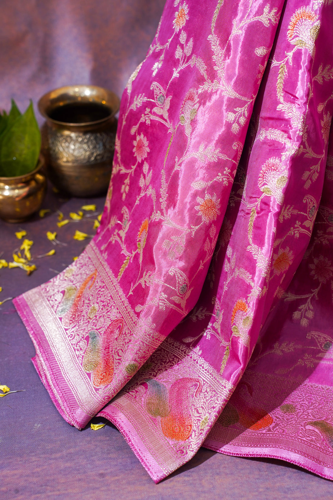 Rani Pink Chinnon Silk Minakari Jaal Saree