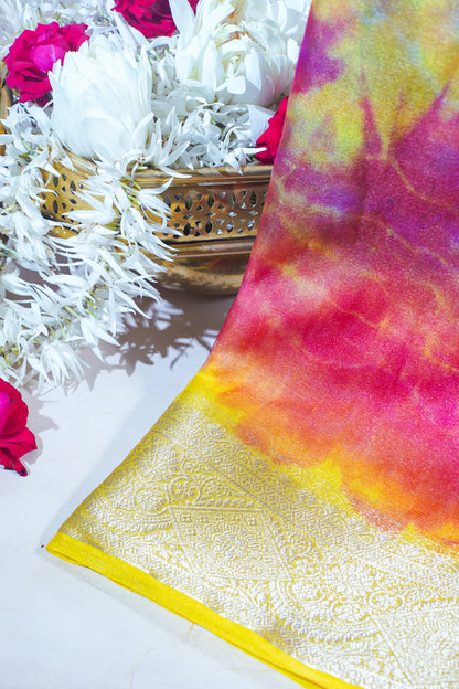 Multicolor Yellow Organza Badal Print Saree