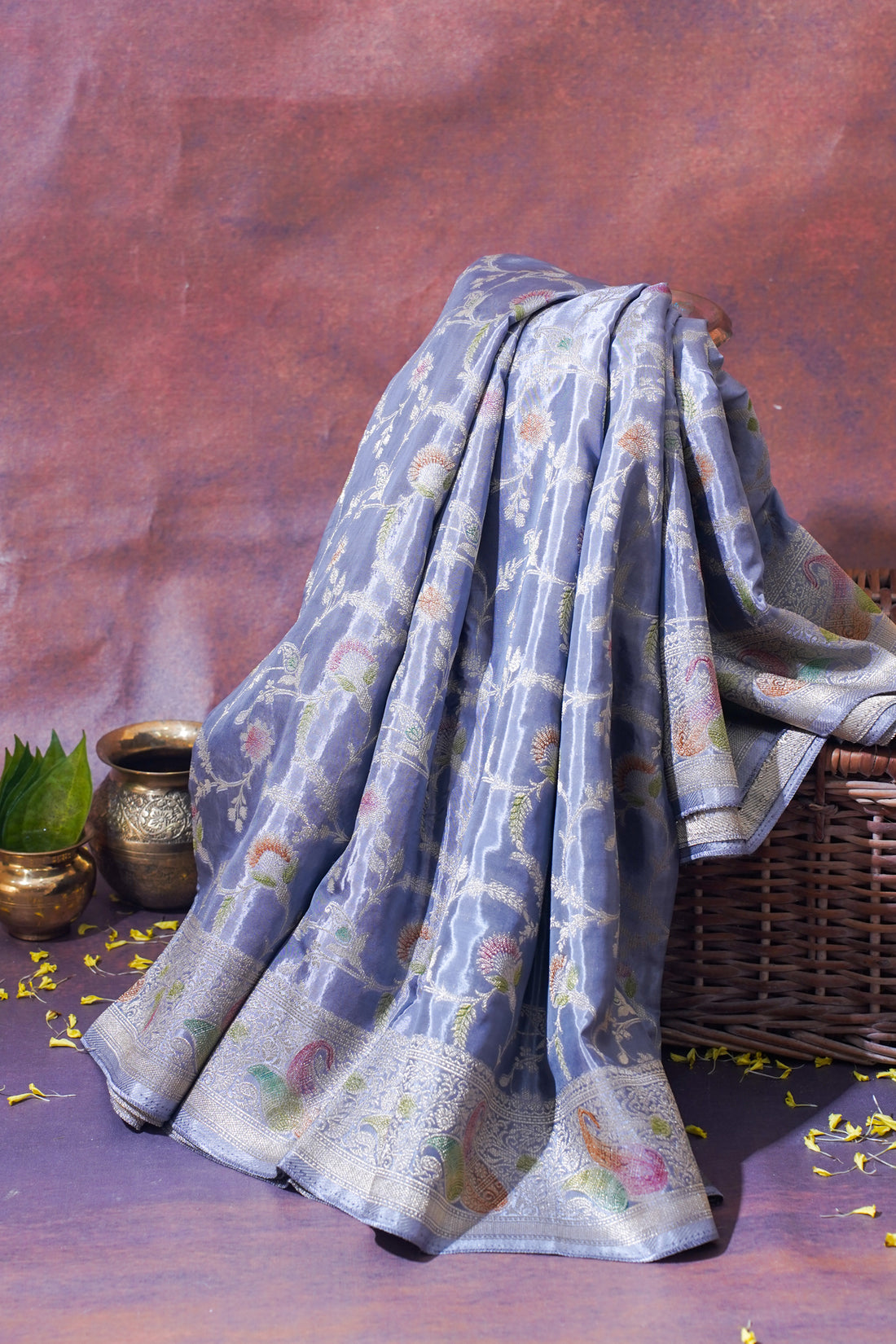 Powder Blue Chinnon Silk Minakari Jaal Saree