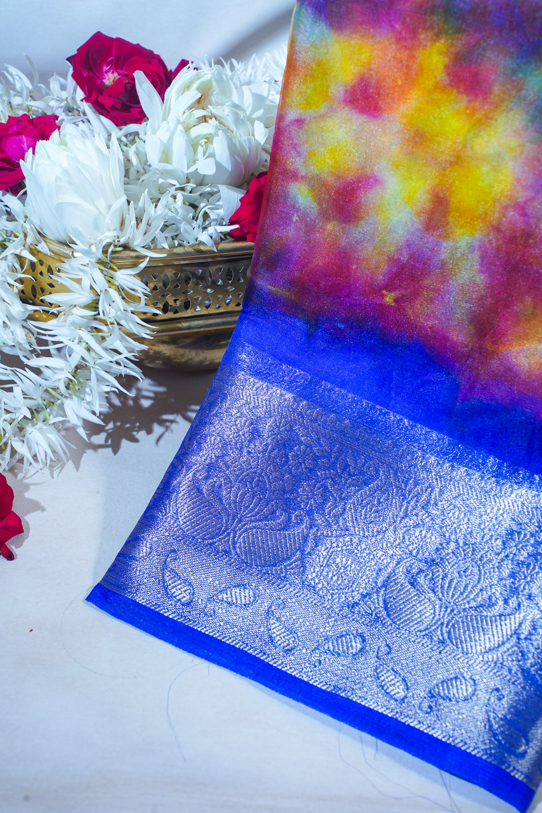 Multicolor Blue Organza Badal Print Saree