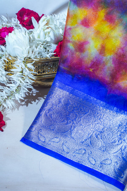 Multicolor Blue Organza Badal Print Saree