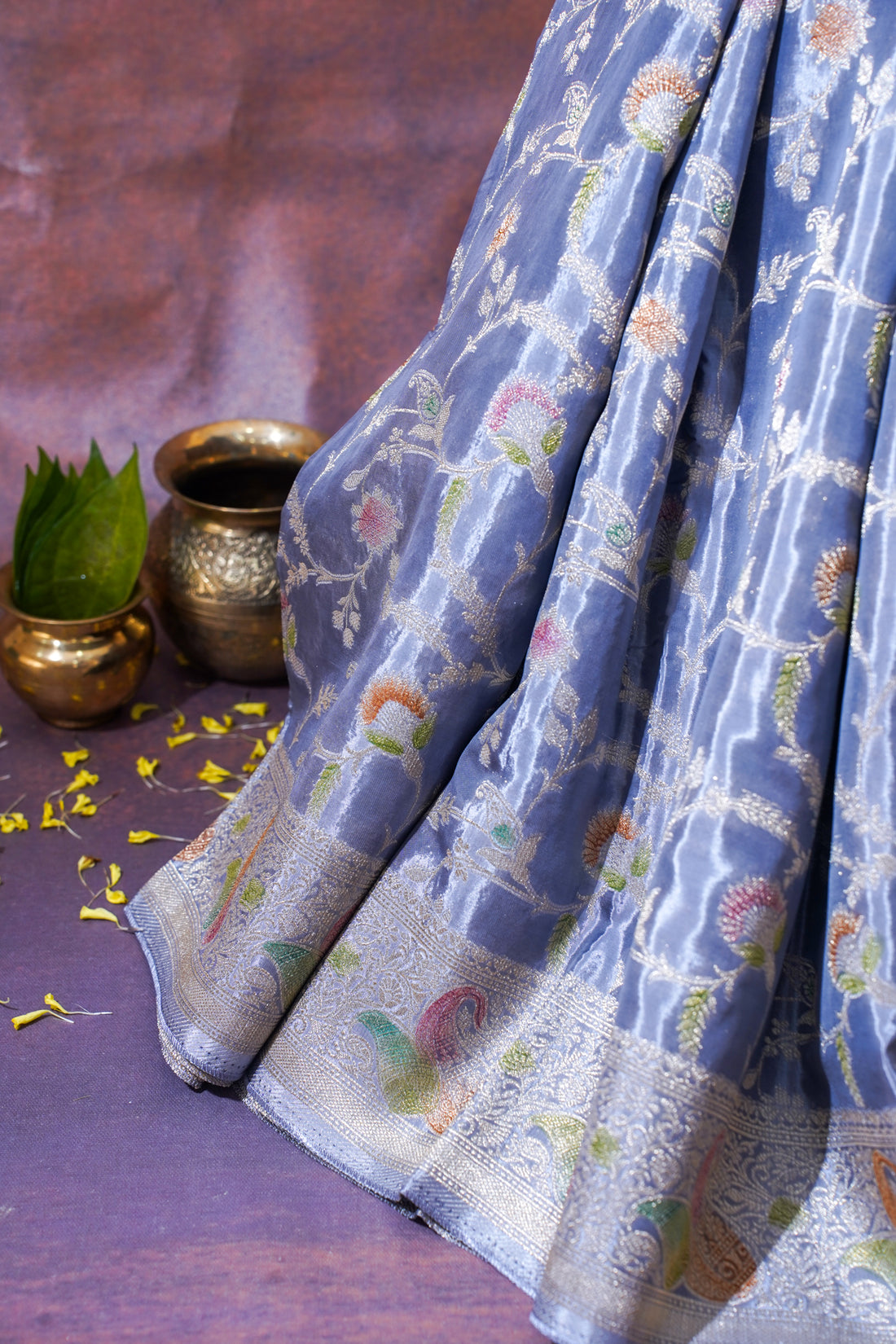 Powder Blue Chinnon Silk Minakari Jaal Saree