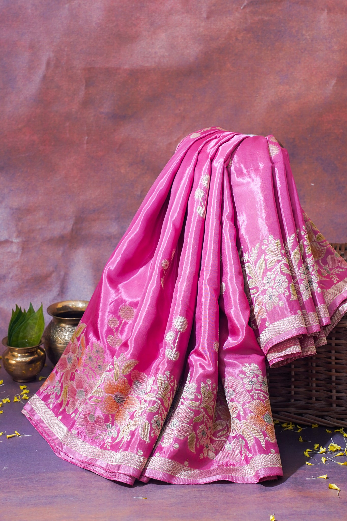 Rani Pink Chinnon Silk Minakari Jaal Saree