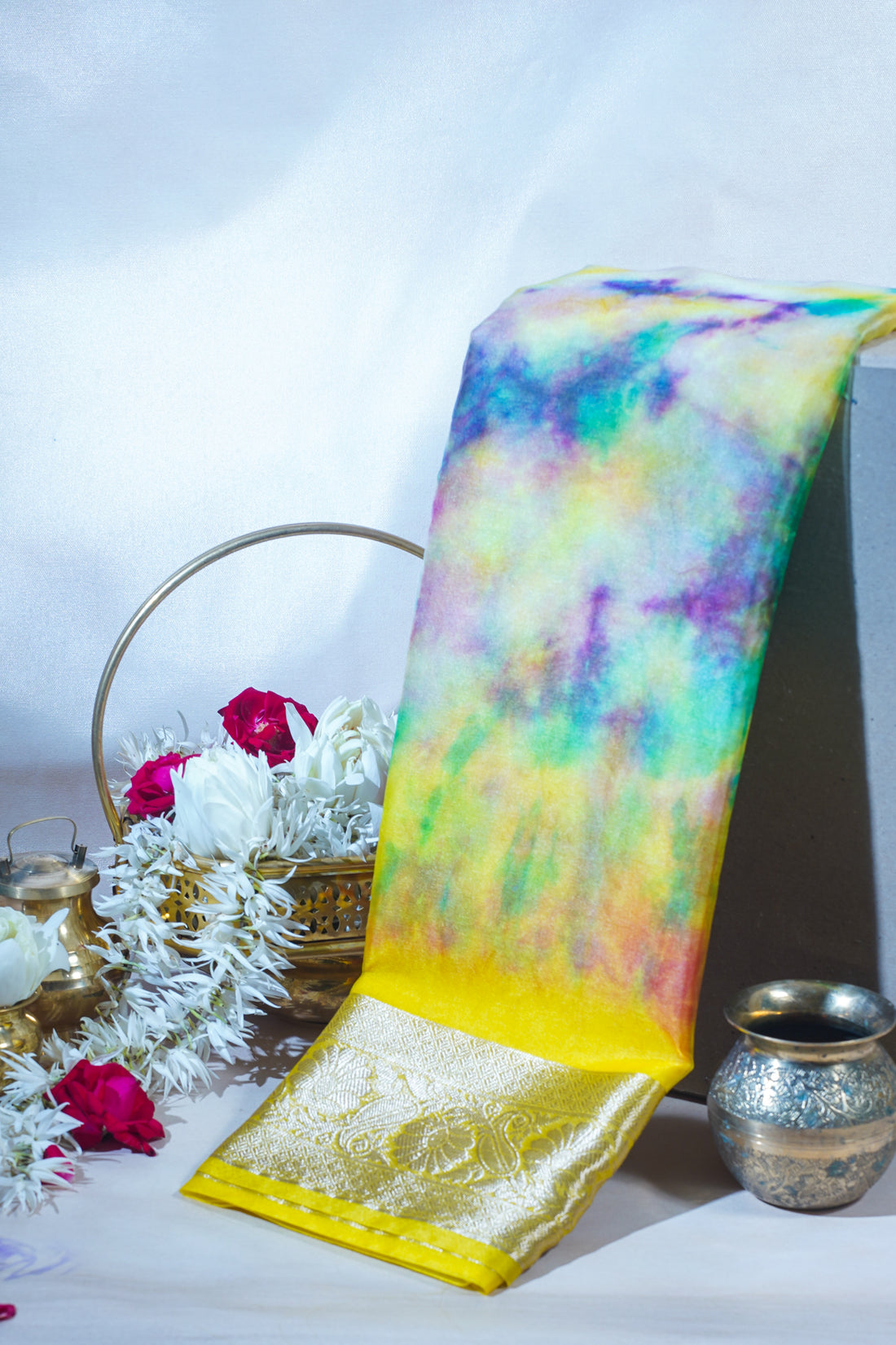 Multicolor Yellow Organza Badal Print Saree