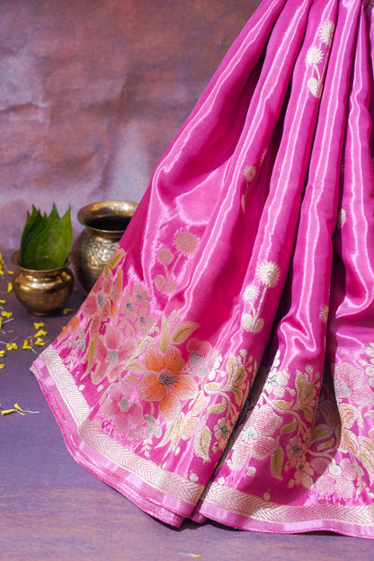 Rani Pink Chinnon Silk Minakari Jaal Saree