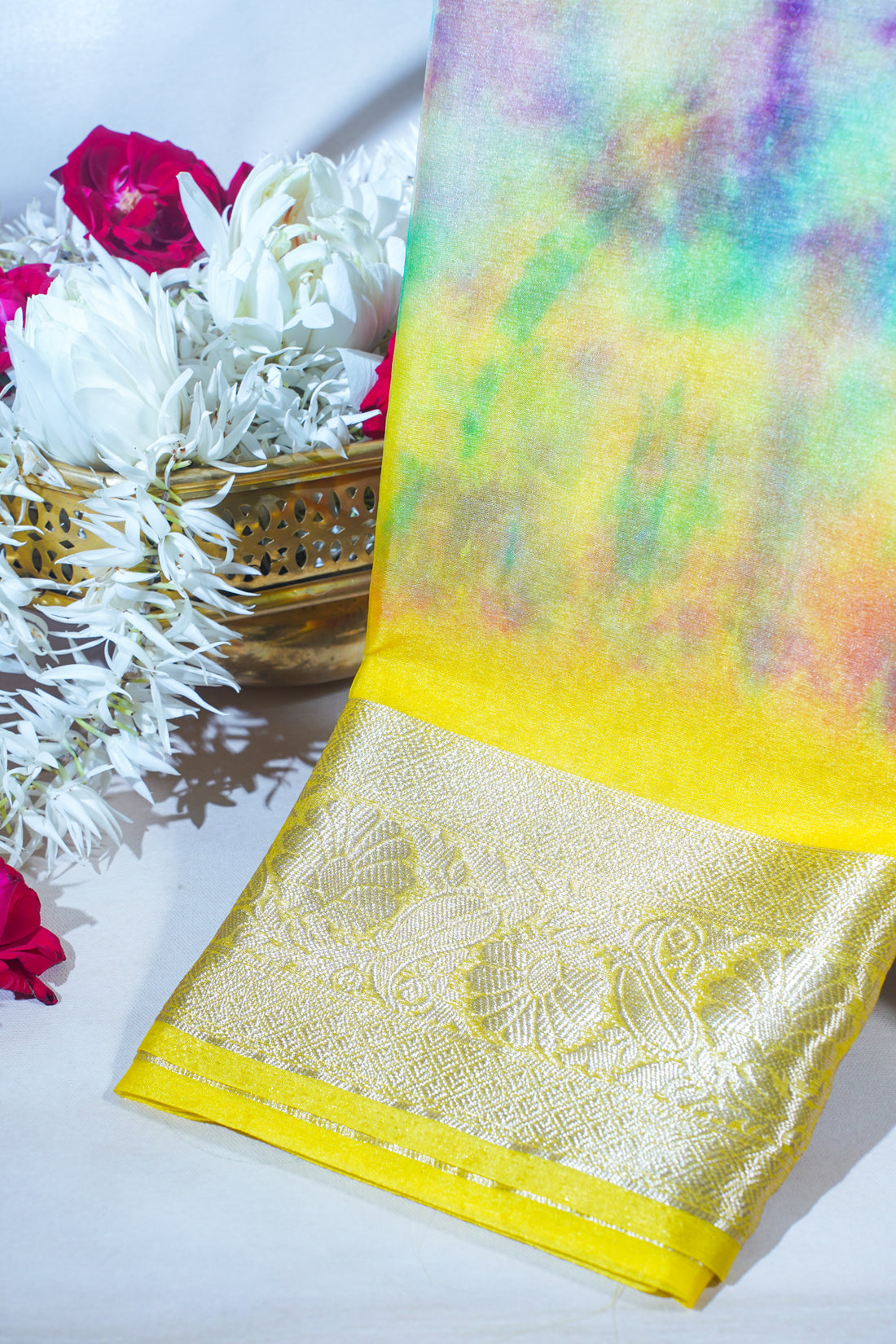 Multicolor Yellow Organza Badal Print Saree
