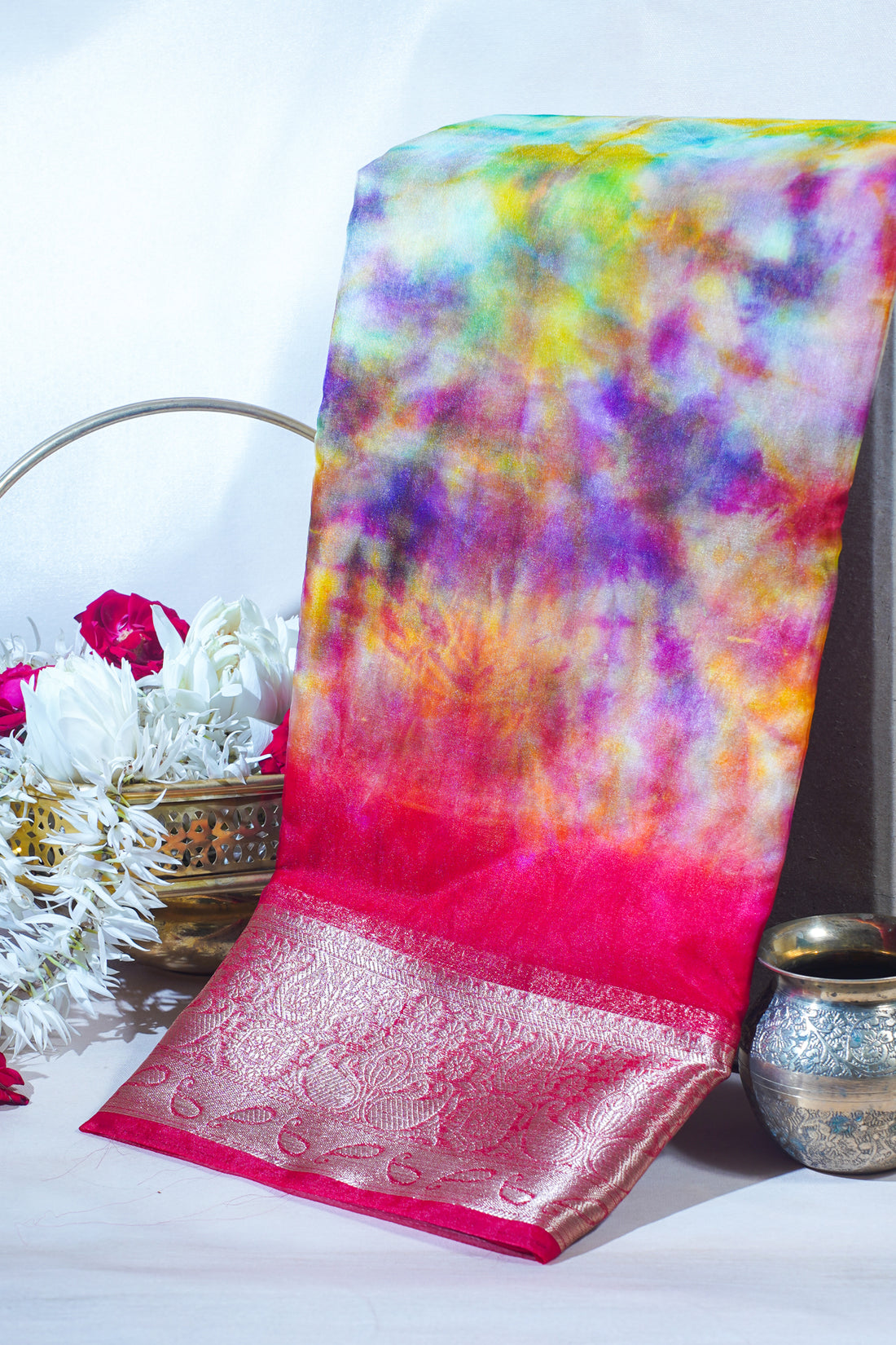Multicolor pink Organza Badal Print Saree