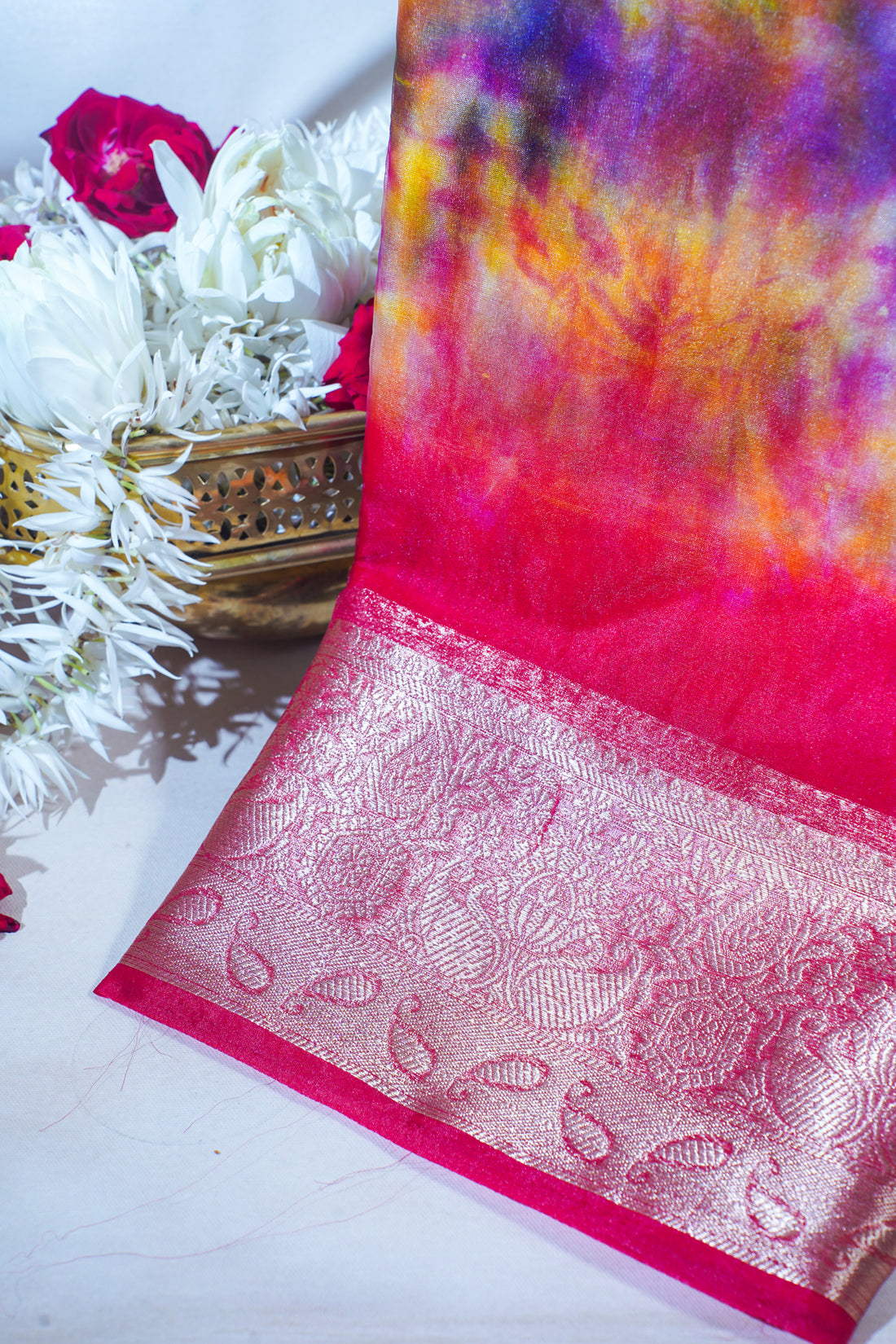 Multicolor pink Organza Badal Print Saree