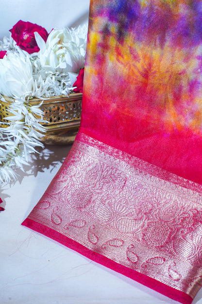 Multicolor pink Organza Badal Print Saree