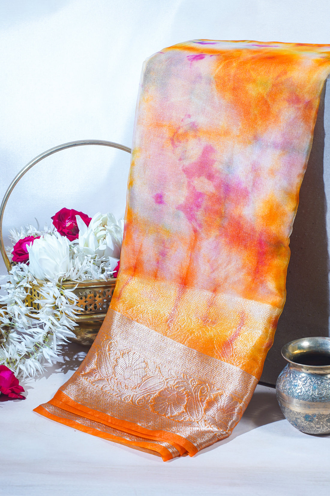 Multicolor Orange Organza Badal Print Saree