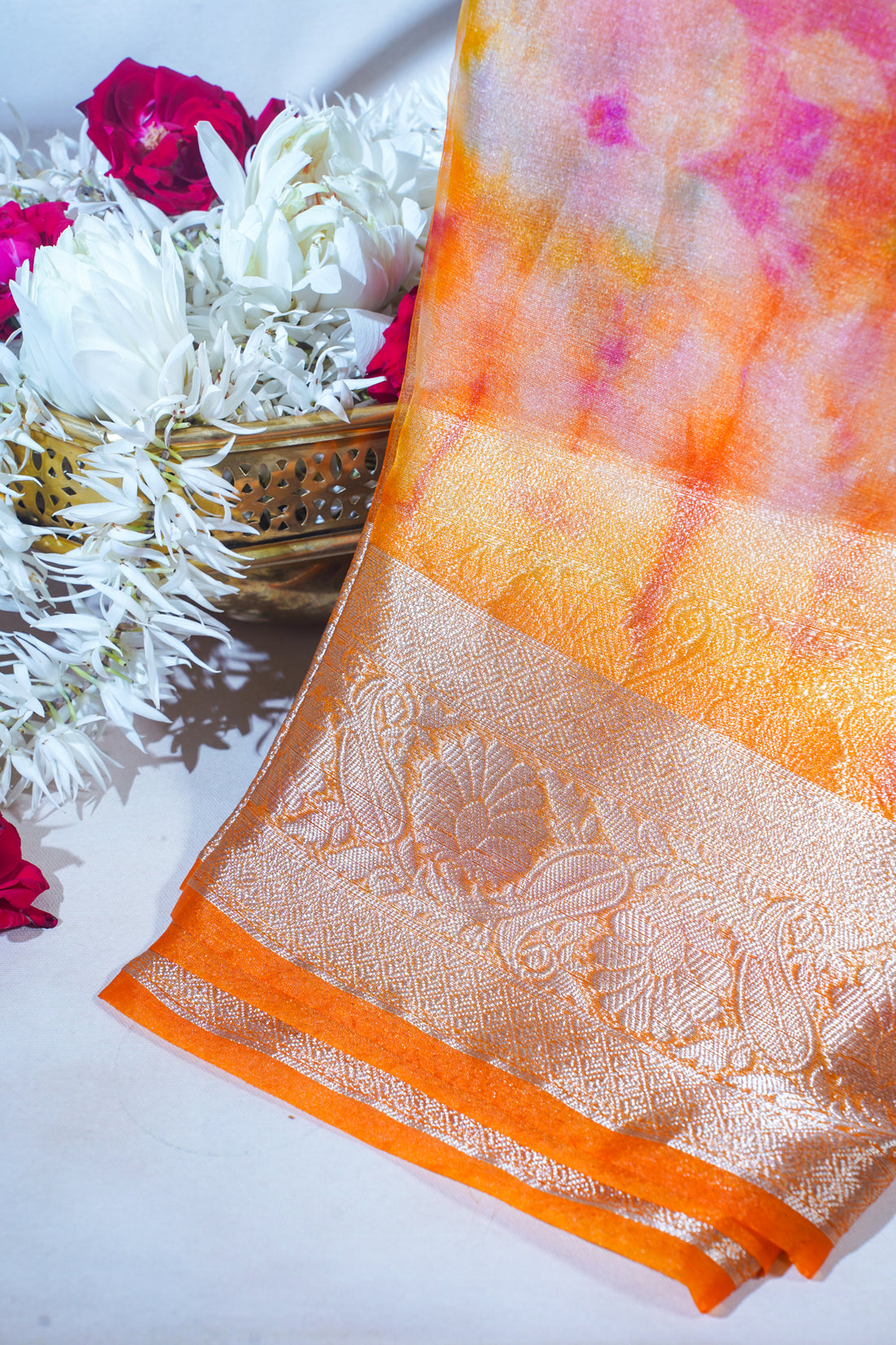 Multicolor Orange Organza Badal Print Saree