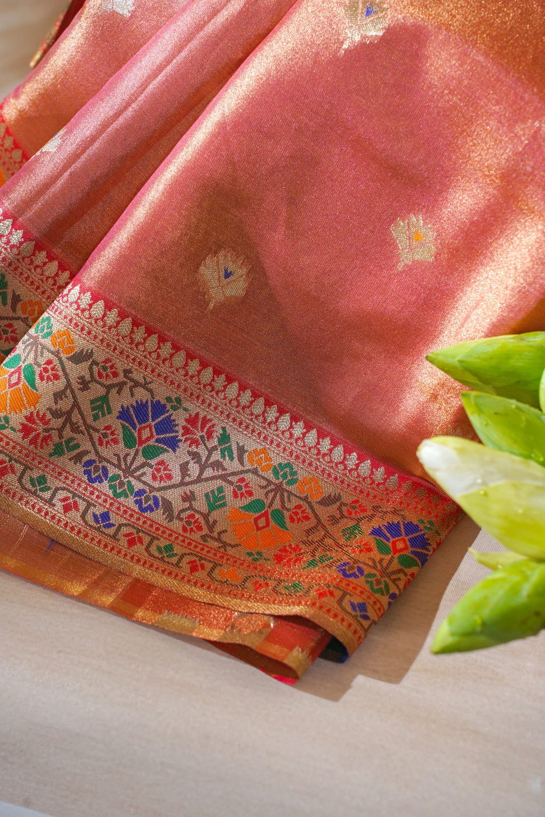 Rust Orange Paithani Minakari Tissue Silk Saree