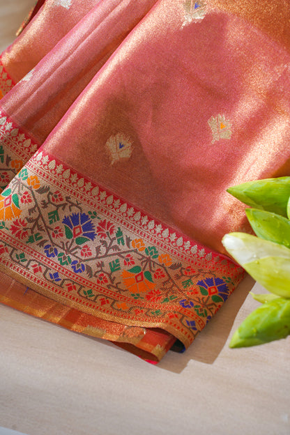 Rust Orange Paithani Minakari Tissue Silk Saree