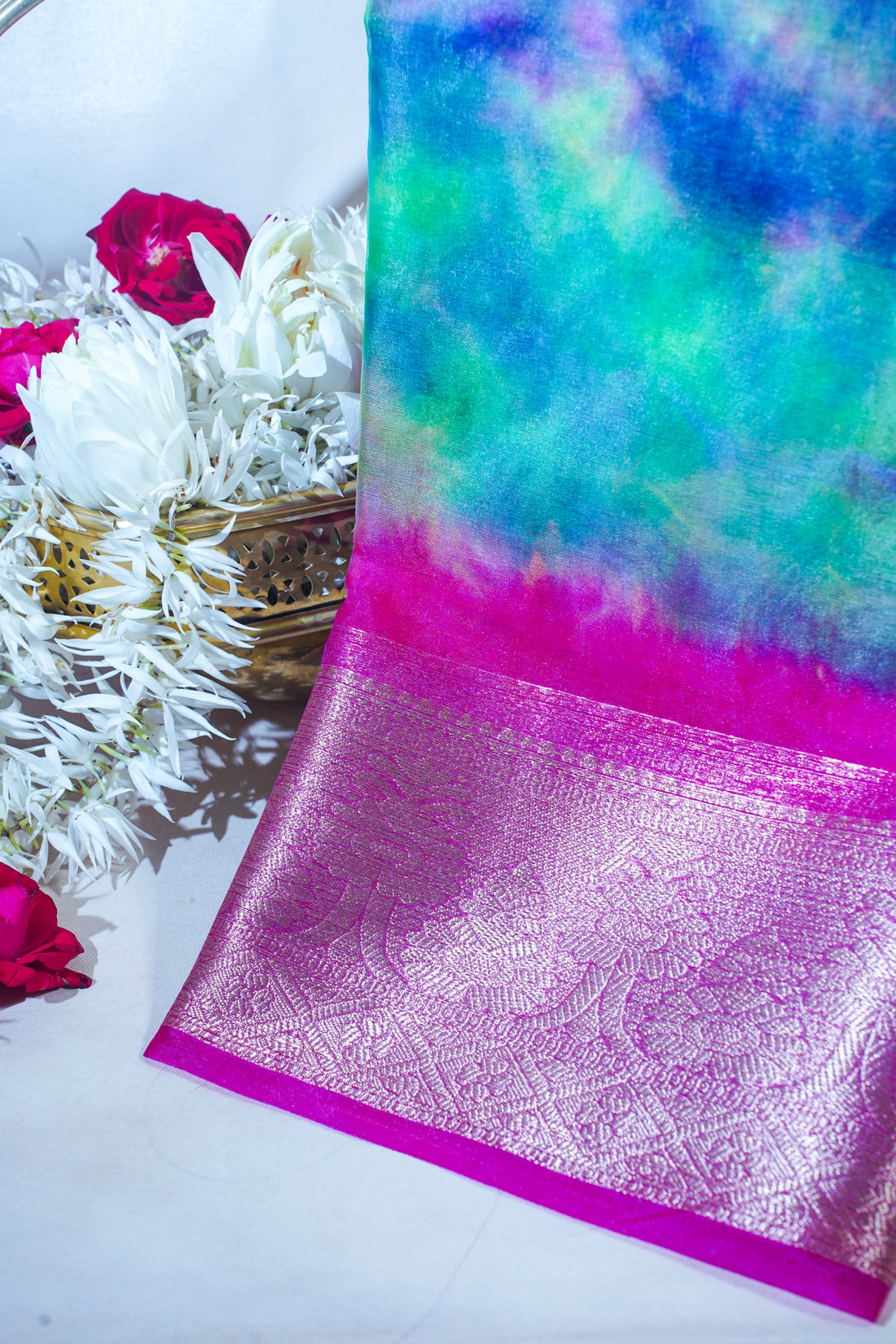 Multicolor pink Organza Badal Print Saree
