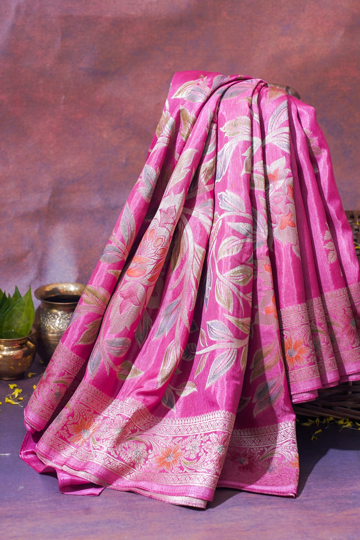 Rani Pink Chinya Silk Minakari Jaal Saree