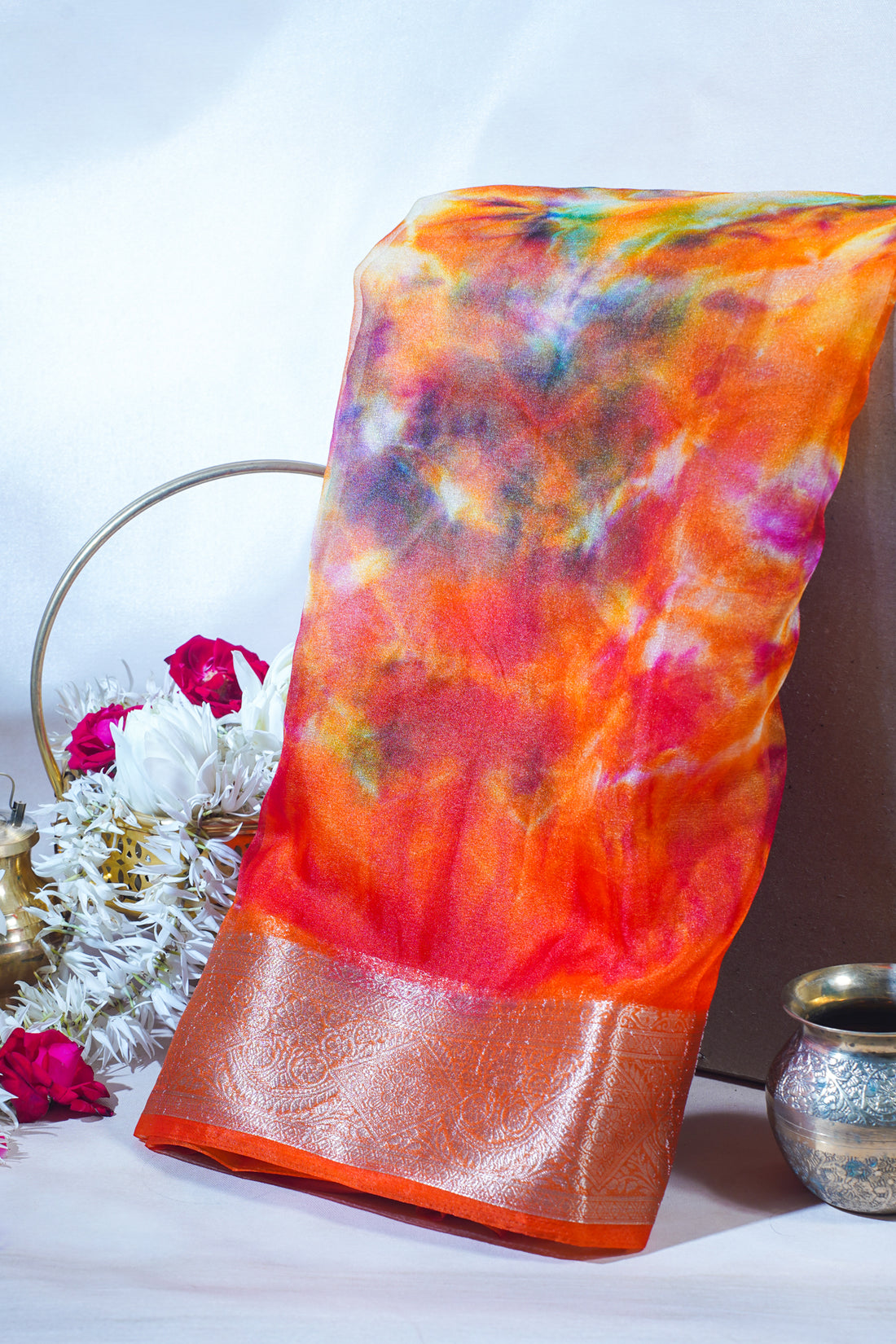 Multicolor Orange Organza Badal Print Saree
